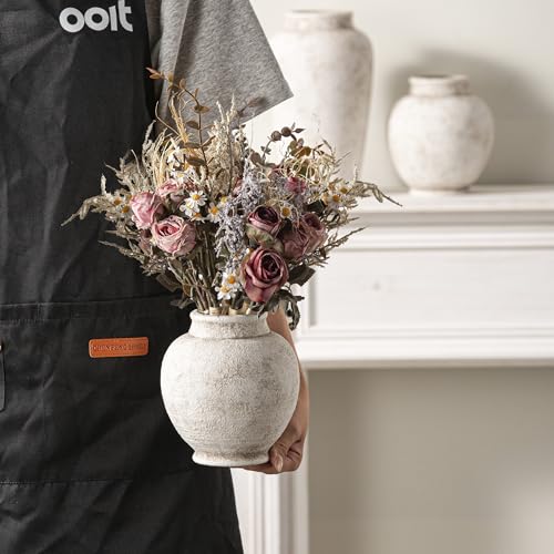 Ceramic Rustic Vase, Small Flower Farmhouse Vase Decorative Vase Short Pottery Vases for Home Decor Table Living Room Entryway Mantel Bookshelf Bedroom Bathroom Kitchen - 6 Inch Rustic White - color: 6"h - Rustic White