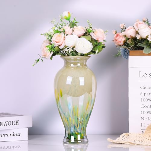 Hand Blown Glass Vase 11.8" Tall Beautiful Green Sea Wide Mouth Bud Vase for Table Centerpiece, Painted Colorful Murano Glass Flower Vases for - Home Entrance Wedding Center - color: Green