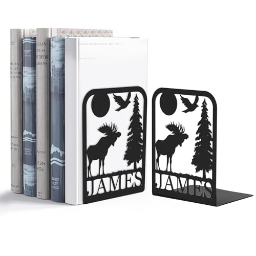 Custom Deer Metal Book Ends 2 Pcs, Forest Theme Bookends for Shelves Decorative, Heavy Duty Bookend Stopper, Deer Cabin Decor, Book Organizer for Desk, Black Book Holders for Home Office, Hunter Gifts - color: Color01 Deer
