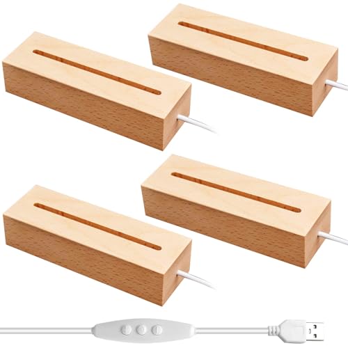 EATAKWARD 4 Pcs 5.9" Wood Rectangle Light Display Pedestal, Wooden Display Base Dimmable Colorful Lights Lamp Stand with USB Cable for Acrylic, Crystal, Night Light (Inner Slot, Square Base) - color: Natural wood color