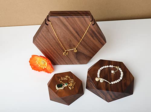 GemeShou 2pcs Wooden Jewelry display tray, Hexagon jewelry display riser, Jewelry retail shop photography props【Walnut Hexagon tray-2pcs】