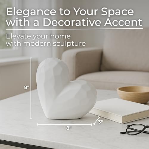 Decorative Ceramic Heart Sculpture for Home Decor - Ornament for Bathroom, Office, and Living Room Decor - Modern Figurine Accent for Bedroom, Shelf Display, and Coffee Table - 8", White - color: White, size: 8x3x8