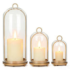 15"&9"&7" Hurricane Glass Candle Holders Set of 3, Metal Candle Holder with Handmade Glass Dome in Brass, Hanging Versatile Hurricane Glass Candle Holders for Pillar Candles (Candles Not Including)