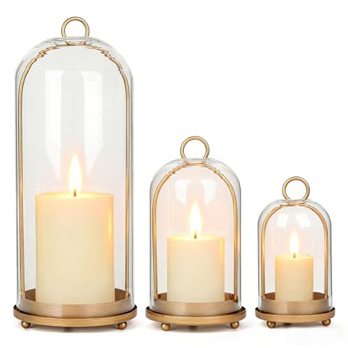 15"&9"&7" Hurricane Glass Candle Holders Set of 3, Metal Candle Holder with Handmade Glass Dome in Brass, Hanging Versatile Hurricane Glass Candle Holders for Pillar Candles (Candles Not Including)