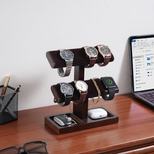 ProCase Wood Watch Display Stand Holder for Men, Wristwatch Tower with T-Bar Design, Hanging Watch Rack, Wooden Wrist Watch Tree - color: Darkbrown, size: 2-Tier