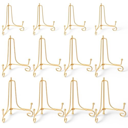 12 Pcs 3 Size Gold Iron Plate Stands for Display, 4" 6" 8" Decorative Metal Plate Holders Display Stand Gold Easel Stands for Photo, Frame, Book, Card, Plaque, Bowl, Picture