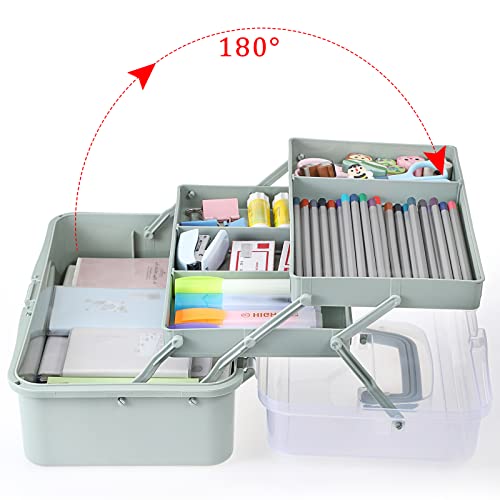 BTSKY 3-Layer Plastic Dividing Storage Box Craft Organizer and Storage with Adjustable Spacers Portable Handled Art Supply Organizer Multipurpose Home Utility Box for Medicine Sewing(Haze Green) - color: Haze Green