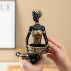 African Sitting Woman Handled Tray Resin Statue Tribal Art Figurine, Multi-Purpose Decorative Bowl Candy Dish Key Holder Jewelry Vanity Tray, Unique Housewarming Gift for Living Room Entryway Office