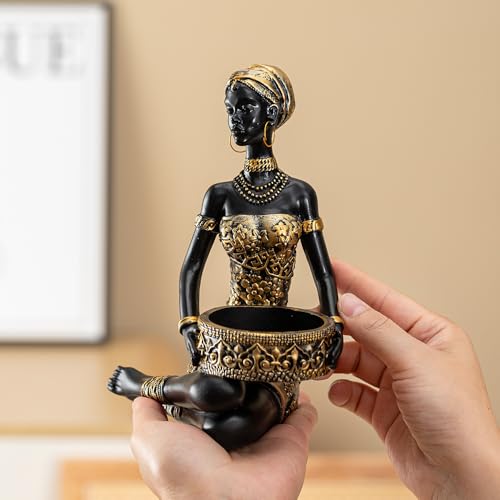 African Sitting Woman Handled Tray Resin Statue Tribal Art Figurine, Multi-Purpose Decorative Bowl Candy Dish Key Holder Jewelry Vanity Tray, Unique Housewarming Gift for Living Room Entryway Office