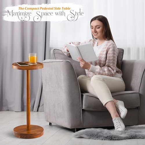 BLUEWEST Drink Table, 22" Tall Compact Side Table with Phone Slot and Weighted Base, Durable Pedestal Table Accent for Living Room, Bedroom, or Office, Cocktail and Martin (1, Acacia) - color: Acacia