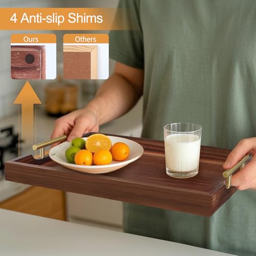SXNOWS Ottoman Tray, Large Wooden Serving Tray with 2 Sets of Handles for Coffee Table, Rustic Living Room Kitchen Decor, 4 Round Coasters Included, Dark Brown - color: Rustic Brown