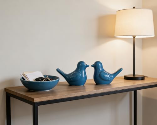 Small Blue Bird Statue Ceramic 2-Piece Set, 3¾ inch Cute Knick Knack for Home Office Shelf Desk Decor - color: Blue