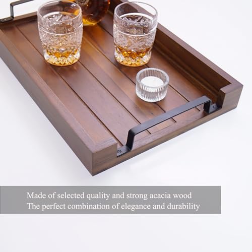 17" x 11" Acacia Wood Serving Tray with Black Iron Handle. Coffee, Decorative, Whiskey, Wooden Tray for Kitchen, Living Room, Bedroom Entryway, Hallway - Rustic Tray (Brown)
