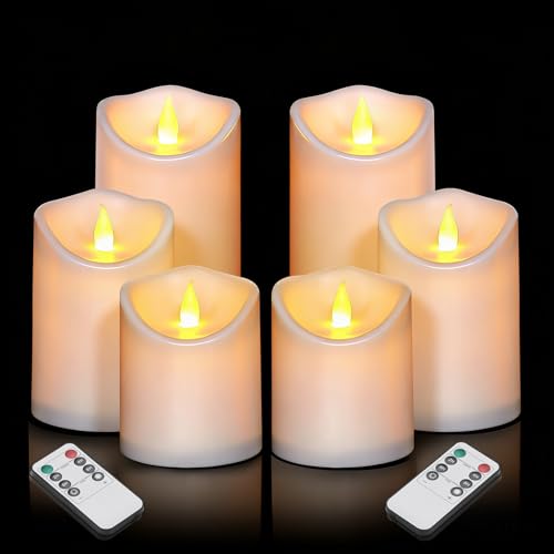 Artmarry Flameless Candles 4" 5" 6" Outdoor Indoor Pillars Battery Operated Flickering Candles Include 8-Key Remote Timer 400+ Hours by 2 AA Batteries (White Candle - Warm Light, 6 Pack) - color: White Candle - Warm light, size: 3"D x 4"|5"|6" H - 6 Pack
