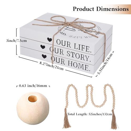 Decorative Books for Home Decor, Faux Books for Decoration, Rustic Farmhouse Decor, Fake Books with 52in Wood Beads Garland, Book Decor for Living Room Coffee Table (Our Life, Our Story, Our Home) - color: Our Life, Our Story, Our Home