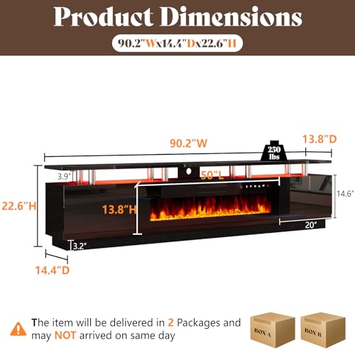 AMERLIFE 90" High Gloss 2 Tier TV Stand with 50" Electric Fireplace, Modern Luxury Large Entertainment Center/w LED Lights, Media Console Table Storage Cabinet for TVs Up to 100", Living Room, Black - color: Black, size: 90"