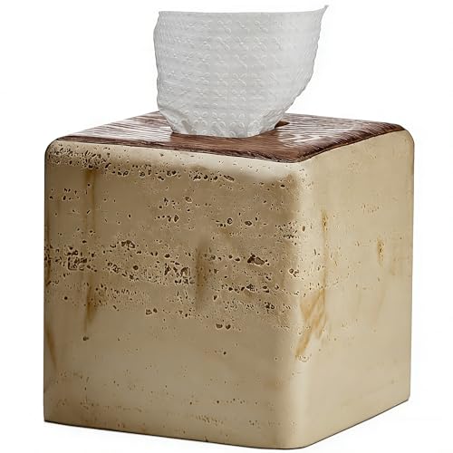 Natural Travertine & Wood Textures Tissue Box Cover Square for Home Decor,Resin Heavy Tissue Box Holder for Bathroom Countertop,Tabletop,Bedside Table,Office (Handmade of Resin) - color: Travertine & Wood