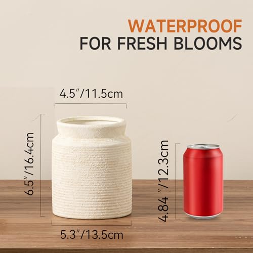 Ceramic Flower Vase 6.5 inch Farmhouse Rustic Vase for Home Decor Handcrafted Pottery Vase Small Terracotta Vases for Table Decor Fireplace Living Room Bathroom Wedding Centerpiece (S-Off White) - color: S-antique Off White