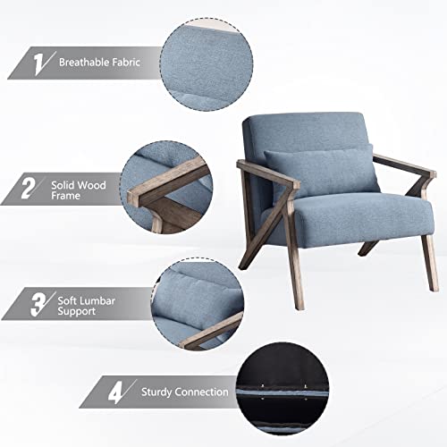 INZOY Mid Century Modern Chair with Wood Frame, Upholstered Armchair with Waist Cushion, Accent Chair for Living Room Bedroom Apartment, Easy Assembly, Blue - color: Blue