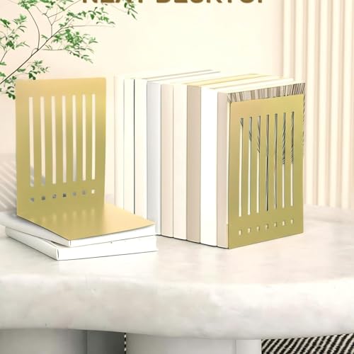 4 Pcs 10 Inch Heavy Duty Bookends Non-Skid Base Large Heavy Duty Book Ends Stopper for Office Books Vinyl Records Shelves Binders (Gold) - color: Gold, size: 10 Inch