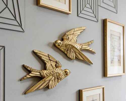 AMOIENSIS Bird Wall Sculpture Art, (Set of 2) 4¾ inch Resin Gold Bird 3D Sculpted Floating Hanging Wall Sculpture Decoration - color: Gold