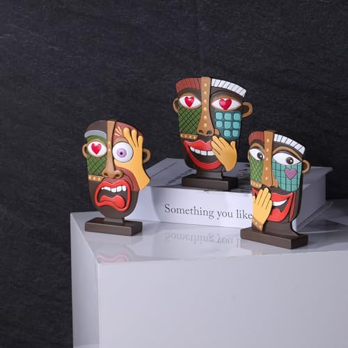 XINGYAN Abstract Resin Face Statues Set of 3–Handmade Modern African Art Sculpture Decor, Creative Weird Art Room Decor for Contemporary Shelf & TV Stand–Small Modern Decorative Items (Set A)