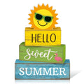 Yuntau 4 Pcs Summer Table Decoration Hello Sweet Summer Tiered Tray Decor Rustic Wood Flamingo Centerpiece Summertime Decorative Block Signs Farmhouse Tabletop Decor for Home Kitchen Shelf Office - style: Sunshine