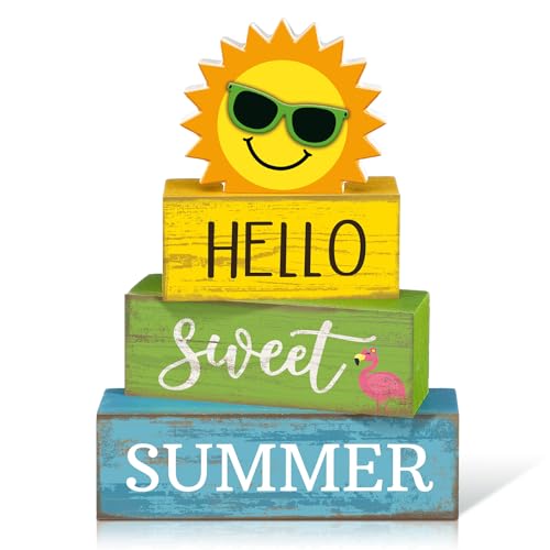 Yuntau 4 Pcs Summer Table Decoration Hello Sweet Summer Tiered Tray Decor Rustic Wood Flamingo Centerpiece Summertime Decorative Block Signs Farmhouse Tabletop Decor for Home Kitchen Shelf Office - style: Sunshine