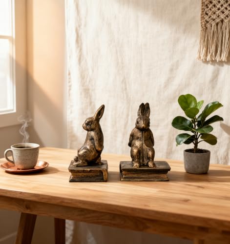 2 PCS Rabbit Decorative Bookend Set Cast Iron Vintage Heavy Duty Book Ends for Shelves for Home, Office Desk, Living Room (Back-to-Back Rabbits) - color: Back-to-back Rabbits