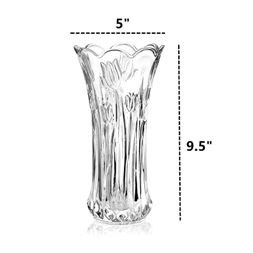 Dicunoy Set of 2 Glass Flower Vase, 9.5" Large Flower Vases for Centerpieces, Modern Clear Heavy Duty Crystal Tall Cylinder Flared Vase for Rose Bouquet, Home, Wedding, Living Room, Office