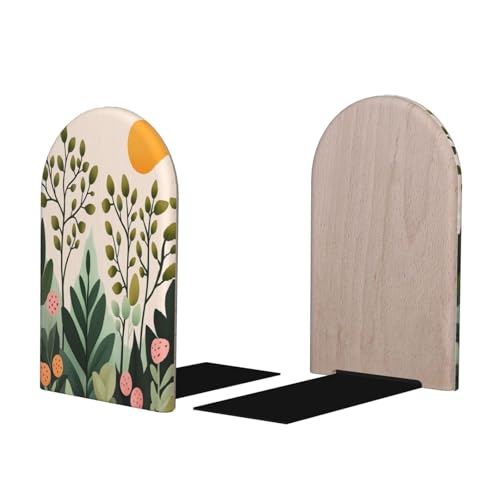 Subtle Pastel Minimal Aesthetic Illustration Bookends for Shelves 2 Pcs Wooden Book Stopper Organizer for Home Office Libraries