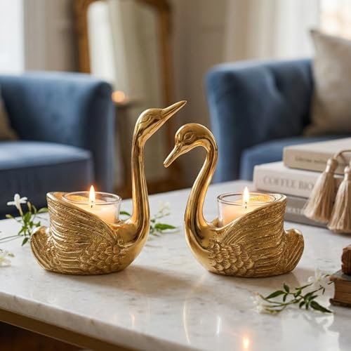 Golden Swan Decor Set of 2 Tealight Candle Holder with Glass Cups Multipurpose Mini Planter & Table Decor Luxury Metal Home Decoration Gift
