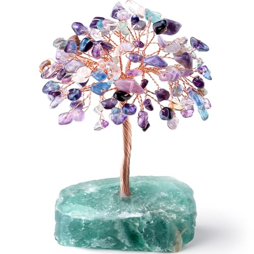 QINJIEJIE Fluorite Crystal Tree Healing Crystals Gemstone Tree Natural Stone Base Copper Wire Life Tree Money Tree Energy Desk Decor Spiritual Gifts Meditation - color: Fluorite, size: 5.2 in