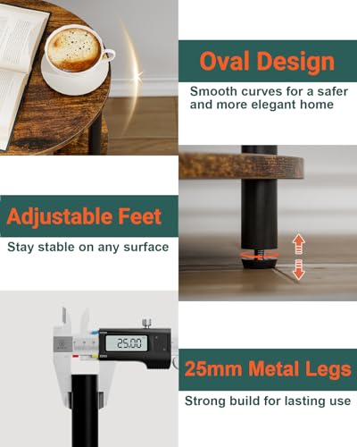 Round Pedestal End Table - 3-Tier Oval Accent Table for Small Spaces, Rustic Wood and Metal Couch Side Table, Nightstand for Bedroom or End Table Living Room, Easy to Assemble, Rustic Brown - color: Rustic Brown, size: 1-Pack, style: Without Power Outlets