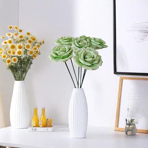 Handmade Porcelain 3D Ceramic Rose Flower, Eternal Flower Decoration for Home Office Decor, Creative Desktop vases, Porcelain Decorations, Exquisite, Set of 6 (Green) - color: Green