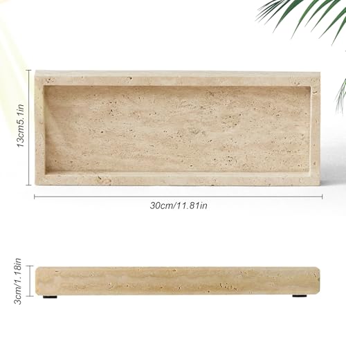 Natural Marble Tray, Stone Tray for Bedroom/Bathroom/Kitchen/Vanity Countertop, Jewelry Tray for Rings Earrings Necklace Bracelet Watch, Room Decor Aesthetic - color: Beige Travertine, size: 11.8" x 5.1" x 1.2"