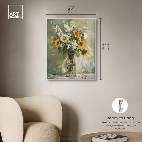 Art Remedy Sunflowers In A Glass Vase Canvas Vintage Farmhouse Wall Art, Silver Frame, 24" x 30" - color: Silver Frame, size: 31"L x 25"W