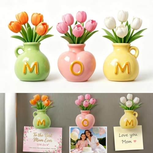Gifts for Mom, Mini Ceramic Vase Refrigerator Magnets, 3D Cute Fridge Magnets with Artificial Flowers, Message Card and Gift Box, Kitchen& Home Decor, Unique Birthday Gifts for Mom & Women