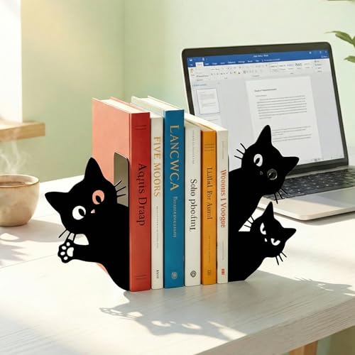 Sanwarm Metal Bookends Black Cats Cartoon Book Ends Decorative Bookend for Home Office Library Desk Book Shelves Decor, Gift for Reading Enthusiasts Non-Skid Book Stoppers Holder (1 Pair) - color: Black Cat 2