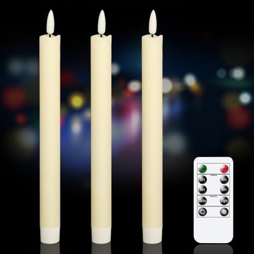 GenSwin Flameless Ivory Taper Candles Flickering with 10-Key Remote, Battery Operated Led Warm 3D Wick Light Window Candles Real Wax Pack of 3, Christmas Home Wedding Decor(0.78 X 9.64 Inch) - color: 3-Ivory