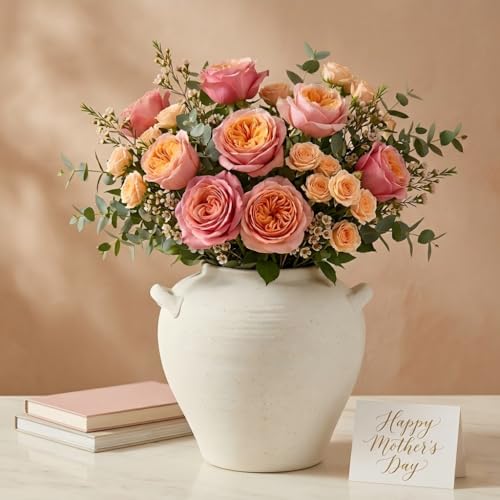 Ceramic Flower Vase 7 inch White Farmhouse Vase with Handles for Home Decor Vintage Decorative Vases for Bookshelf, Table, Mantle Fireplace, Living Room, Bathroom, Wedding - color: 7 Inch-white