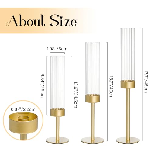 Gold Hurricane Candle Holders Set of 3, Brass Taper Candle Holders for Candlesticks, Elegant Tall Candle Sticks Holder Decor for Table Centerpiece, Wedding & Christmas Decorations