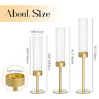 Gold Hurricane Candle Holders Set of 3, Brass Taper Candle Holders for Candlesticks, Elegant Tall Candle Sticks Holder Decor for Table Centerpiece, Wedding & Christmas Decorations