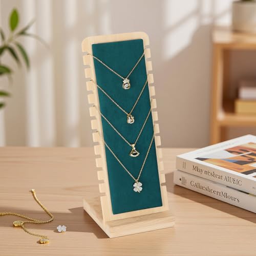 KUKUVR Necklace Display Stand, Bamboo Velvet Soft Mat Multiple Necklace Bracelets Pendant Chains Organizer Holder Case for Vendors Home (Green) - color: Green