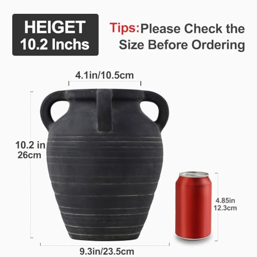 Handmade Large Black Vase - 10" Tall Terracotta Vases with 4 Ear Design, Wide Mouth Vintage Vases, Rustic Antique Decor Matte Black Ceramic Vase for Home Decor, Living Room, Table, Fireplace Decor - color: Black, size: Large