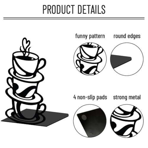 WADORN 1 Pair Coffee Cup Metal Decorative Bookend for Shelves, Heavy Duty Book Ends Non-Skid Books Holder Stand Black Book Support Stopper for Coffee Books Desk Bookshelf Office Home, 5.3x4.3x7.9 Inch - color: Coffee Cup