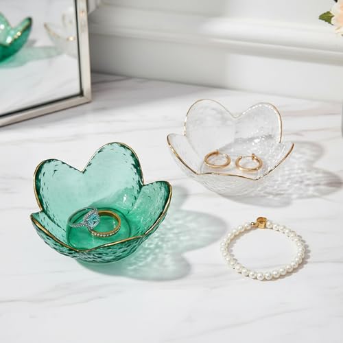 Green Flower Ring Dish Jewelry Tray, Small Glass Trinket Tray for Rings Earrings, Present for Wife Mom Daughter Women - color: Green