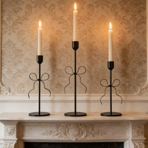 Bow Candle Holder - Bow Candlestick Holder Set of 3 Metal Gold, Modern Decorative Taper Candle Holder for Centerpiece Wedding Dining Table Holiday Housewarming Gift (Black)