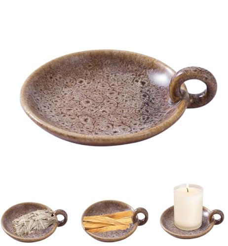 1pack Vintage Ceramic Candle Holders with Handle, Round Farmhouse Ceramic Plate Tray,Sage Holder for Burning,Incense Holder for Meditation Room Home Decor (Khaki) - color: Khaki