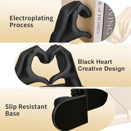 Black Decorative Bookends for Shelves, Heart Hands Book Ends Sculpture Aesthetic Decor for Bedroom Living Room Merch Apartment Bookshelf Birthday Women Decorations Stuff Aesthetic - color: Black